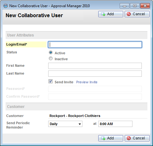 The New Collaborative User window in Approval Manager