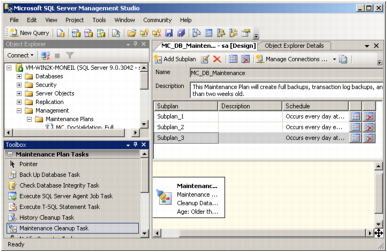 A screenshot of Microsoft SQL Server Management Studio showing a cleanup task in the designer pane.