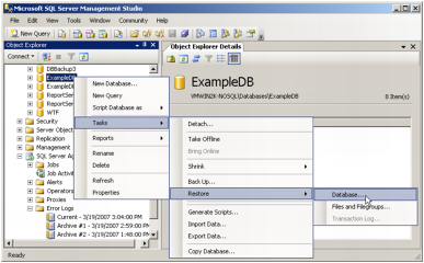 A screenshot of MS SQL Server Management Studio with the context menu for a database displayed and the Restore option selected.