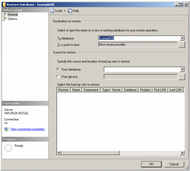 A screenshot showing Micorosoft SQL Server Management Studio's Restore Database window.